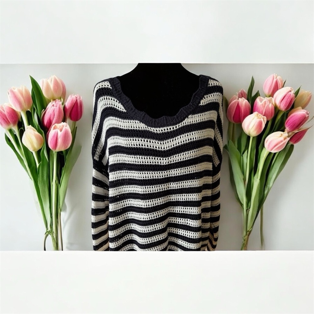 Studio Navy White Striped Open Knit Sweater L | Coastal Minimalist Beachy Boho
